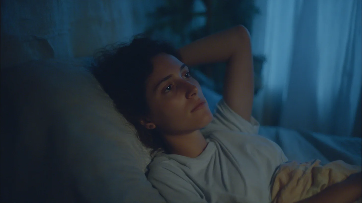 Mulher acordada de madrugada, sem conseguir dormir